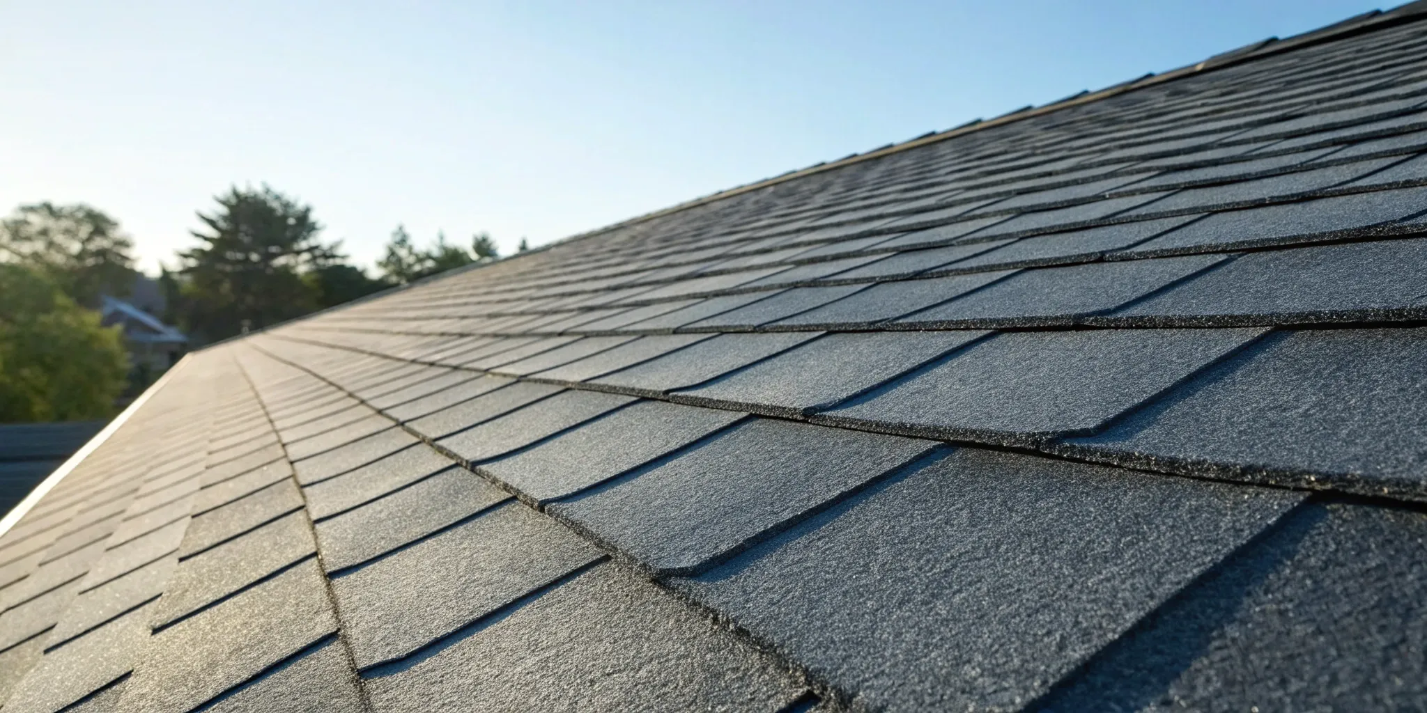Clean angled close-up of gray asphalt shingles across a sloped residential roof